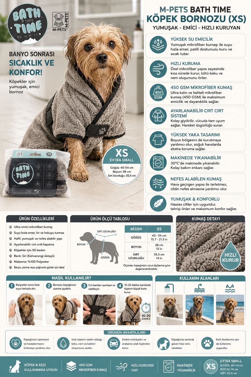 M-Pets Bath Time Köpekler İçin Bornoz Xsmall