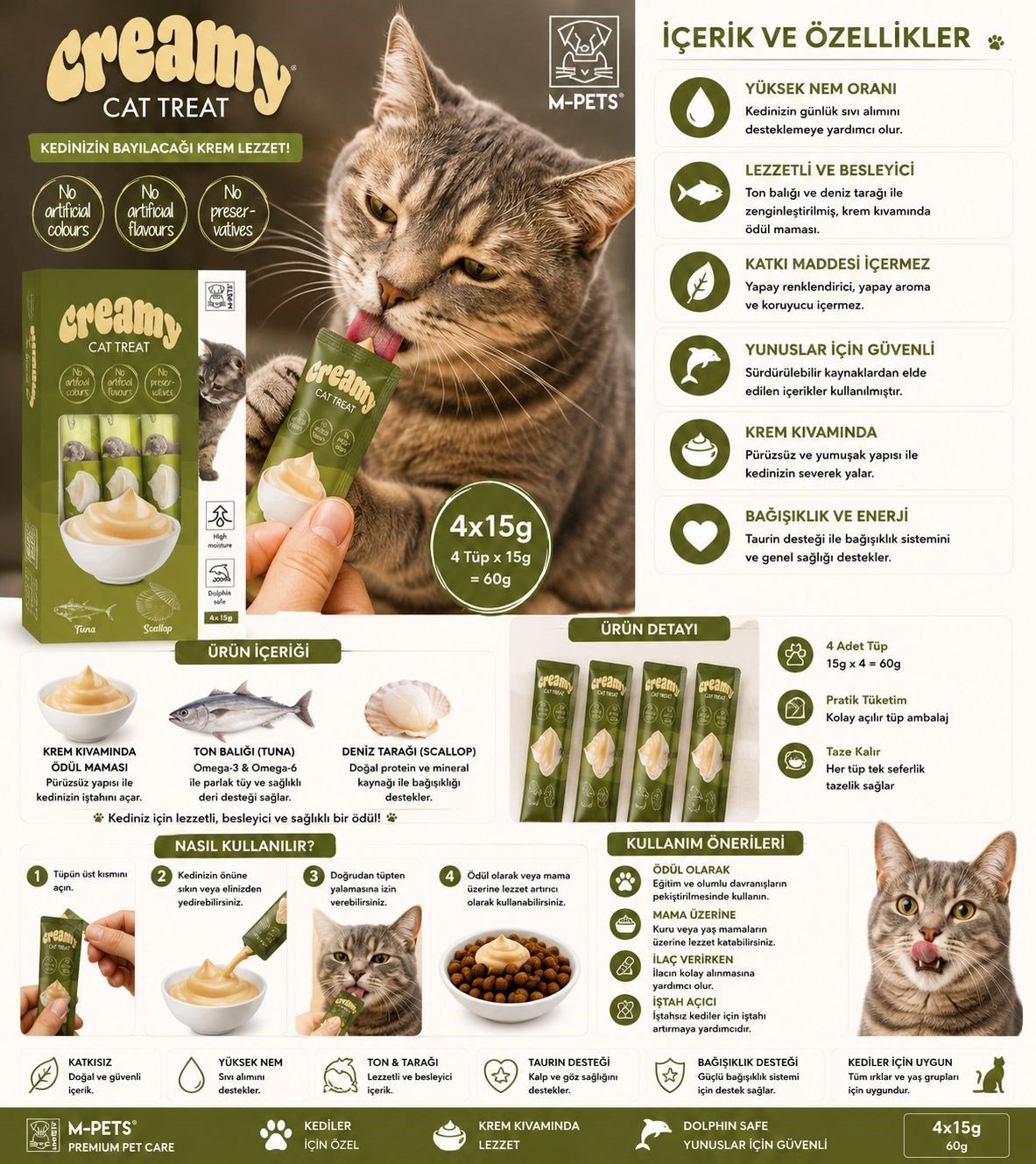 M-Pets Creamy Ton Balıklı & Deniz Taraklı Kedi Krema Ödül Maması 4x15 gr