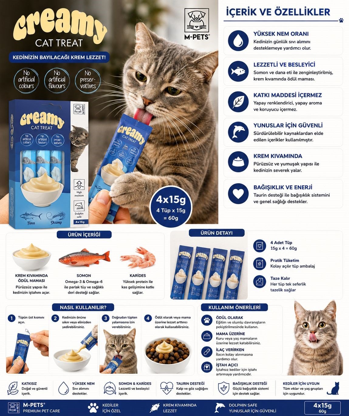 M-Pets Creamy Ton Balıklı & Karidesli Kedi Krema Ödül Maması 4x15 gr