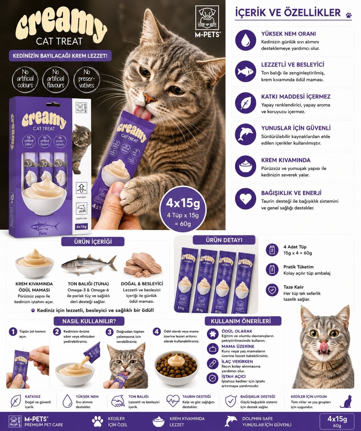 M-Pets Creamy Ton Balıklı Kedi Krema Ödül Maması 4x15 gr