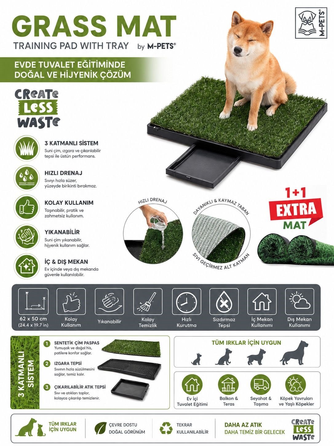 M-Pets Grass Mat Çimli Çekmeceli Köpek Tuvaleti 58x46 cm