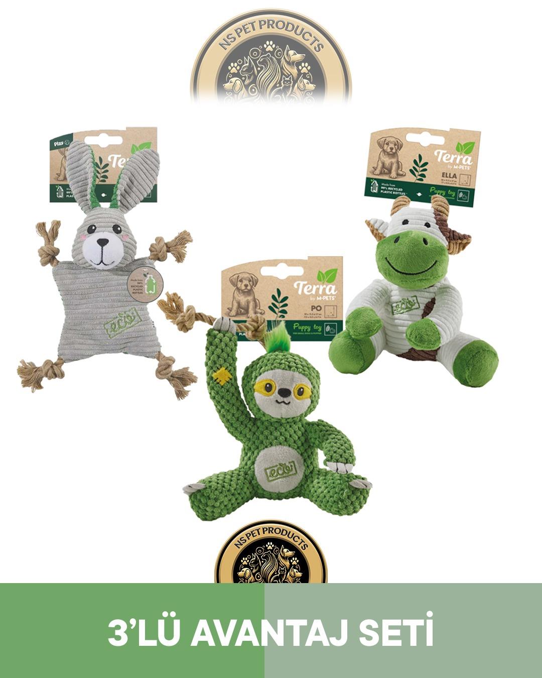M-Pets Terra Eco Ella Puppy (İnek)-Po Puppy (Tembel Hayvan)-Lulu Puppy (Tavşan) Köpek Oyuncağı 3'lü Set