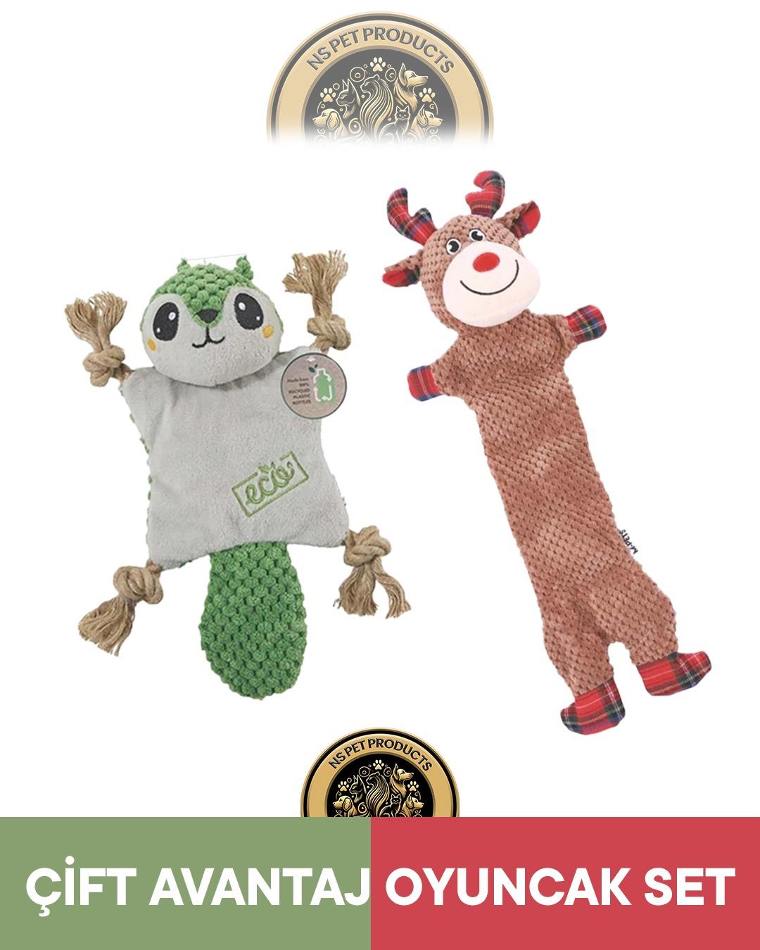M-Pets Terra Eco Pip Puppy (Sincap)-Christmas Prancer (Geyik) Köpek Oyuncağı 2'li Set