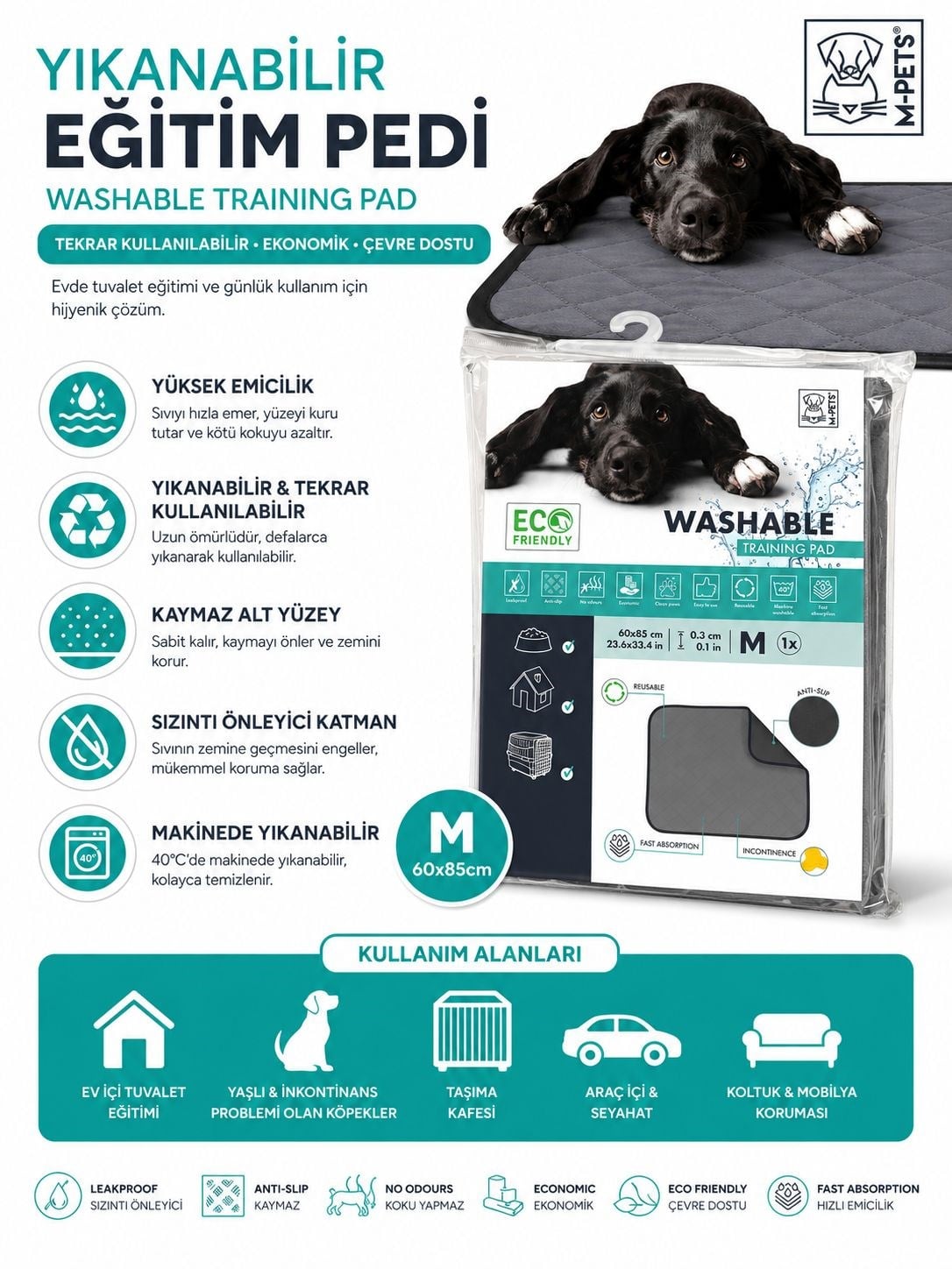 M-Pets Yıkanabilir Çiş Eğitim Pedi Medium - Kedi ve Köpek Pedi