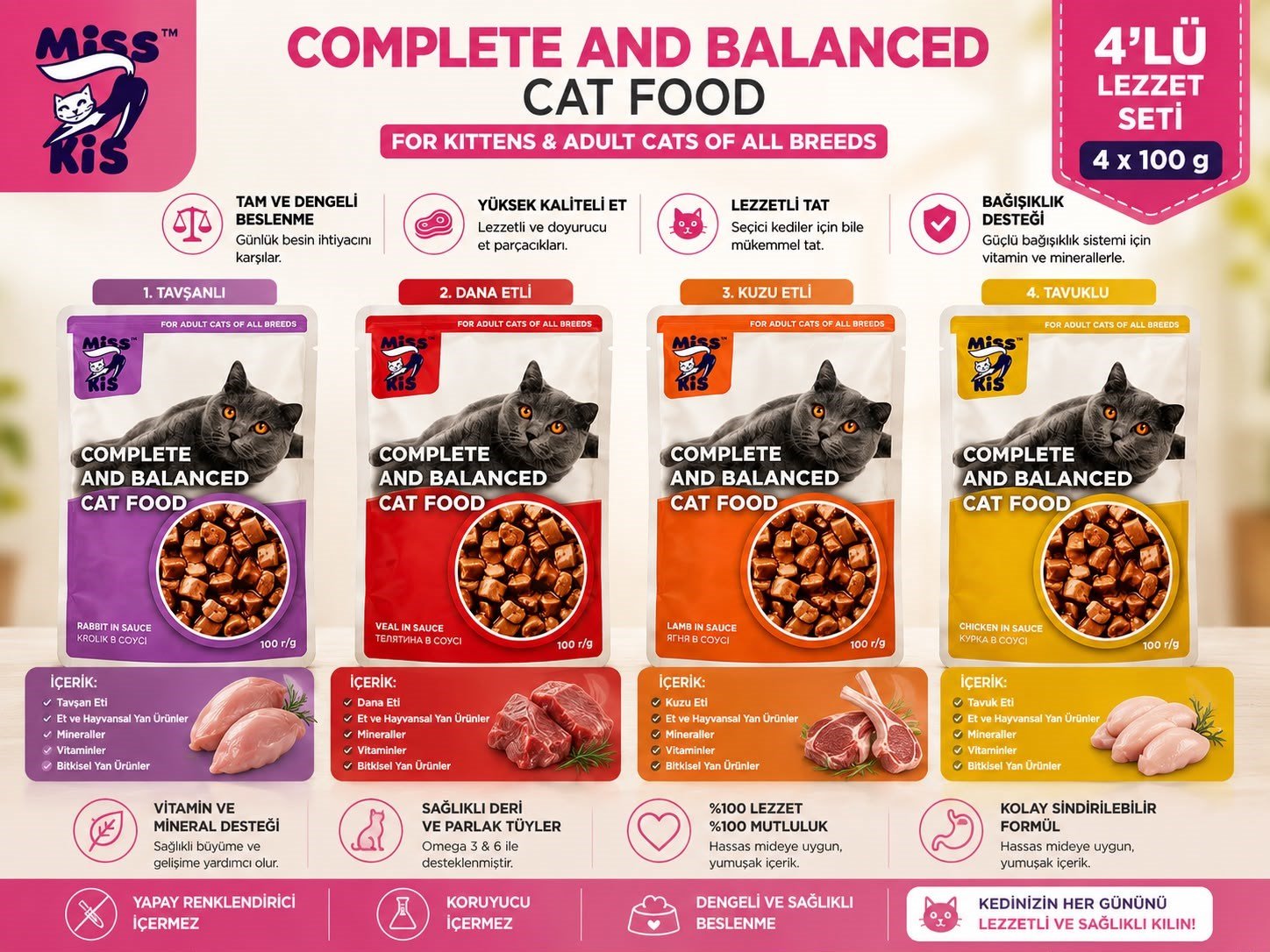Miss Kis Premium Pouch Tavşan & Kuzu & Hindi & Dana & Tavuk Yetişkin Kedi Konservesi Seti 5x100 gr