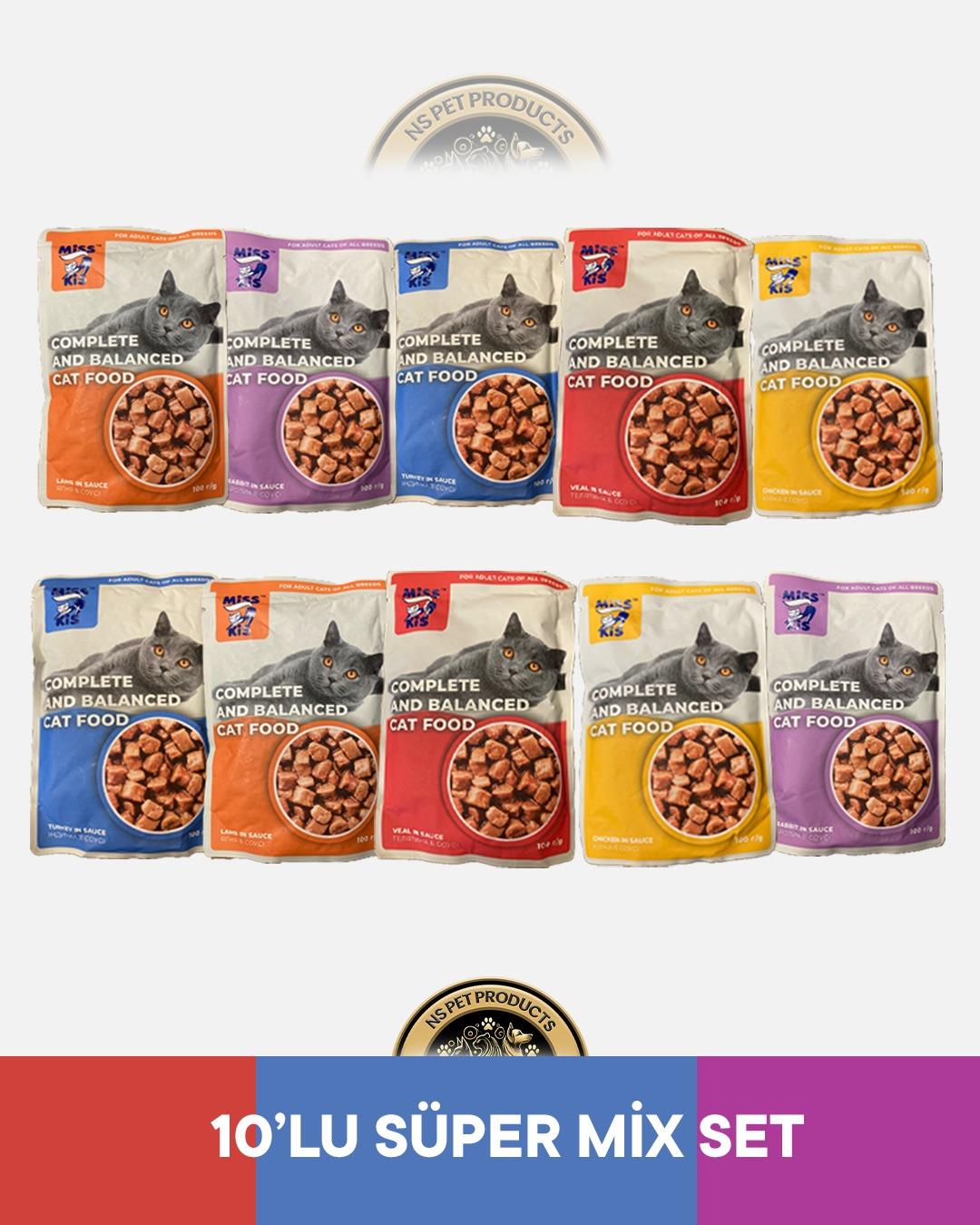 Miss Kis Premium Pouch Tavşan,Kuzu,Hindi,Dana,Tavuklu Yetişkin Kedi Konservesi 10x100 gr