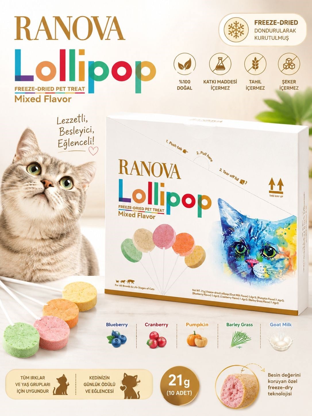 Ranova Kediler İçin Karışık Lezzetli Lolipop 15x1,4 gram – Ödül ve Atıştırmalık
