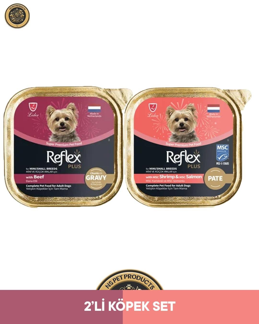 Reflex Plus Alutray Pate Karidesli Somonlu & Et Parçacıklı Dana Etli Yetişkin Köpek Maması Seti 2x85 gr