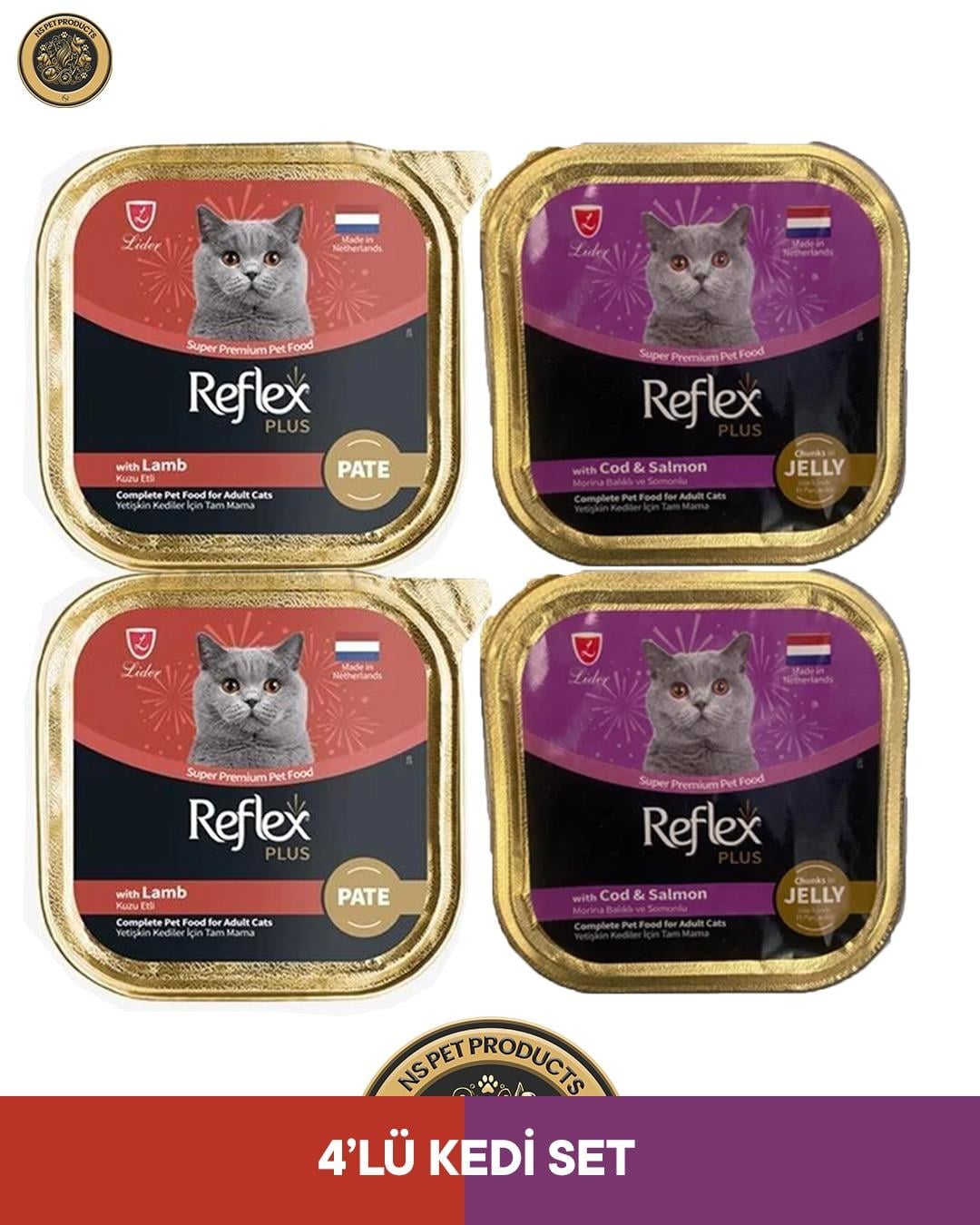 Reflex Plus Alutray Pate Kuzu Etli & Morina Balıklı Yetişkin Kedi Maması Seti 4x85 gr