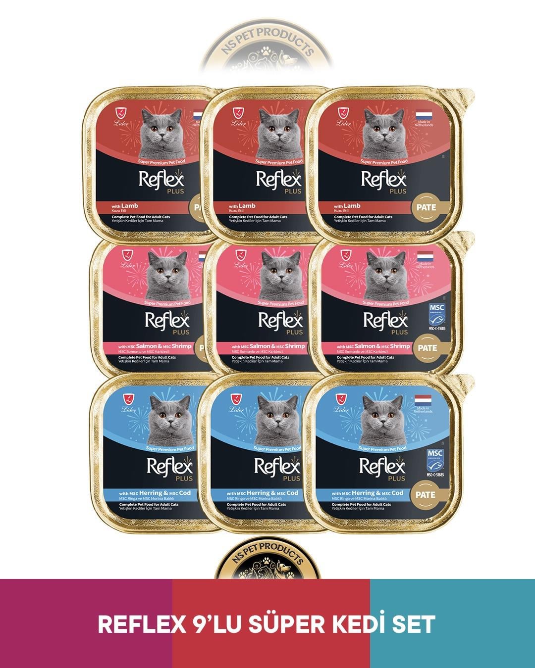Reflex Plus Alutray Pate Kuzu Etli Yetişkin & Alutray Pate Msc Somon ve Msc Karides Yetişkin & Alutray Pate Msc Ringa ve Msc Morina Balıklı Yetişkin Kedi Maması Seti 9x85 gram
