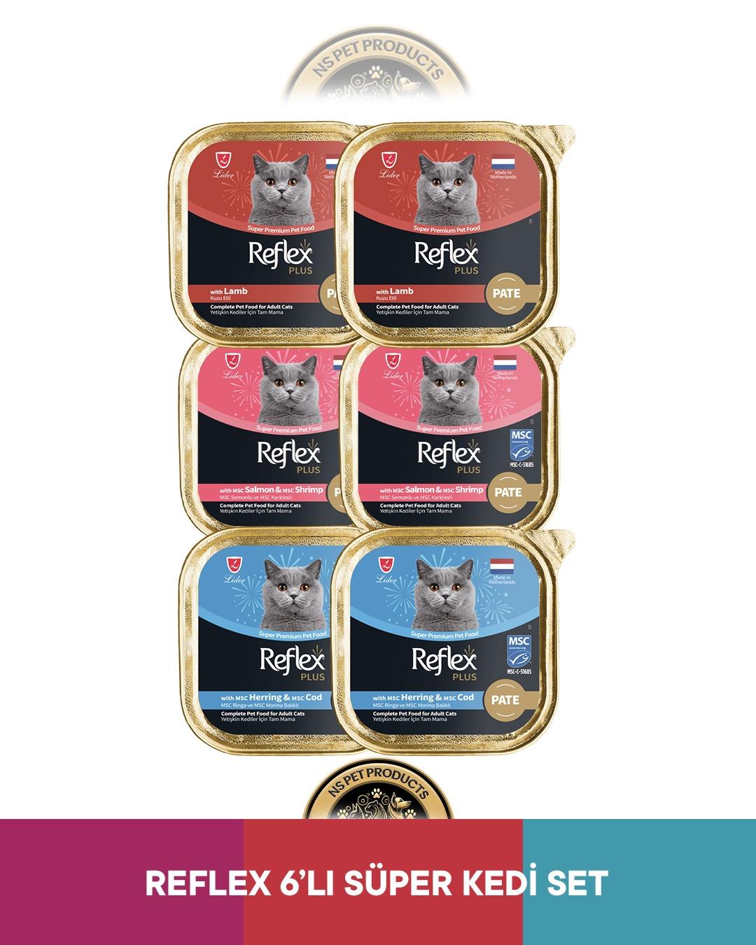 Reflex Plus Alutray Pate Kuzu Etli Yetişkin & Alutray Pate Msc Somon ve Msc Karides Yetişkin & Alutray Pate Msc Ringa ve Msc Morina Balıklı Yetişkin Kedi Maması Seti 6x85 gram