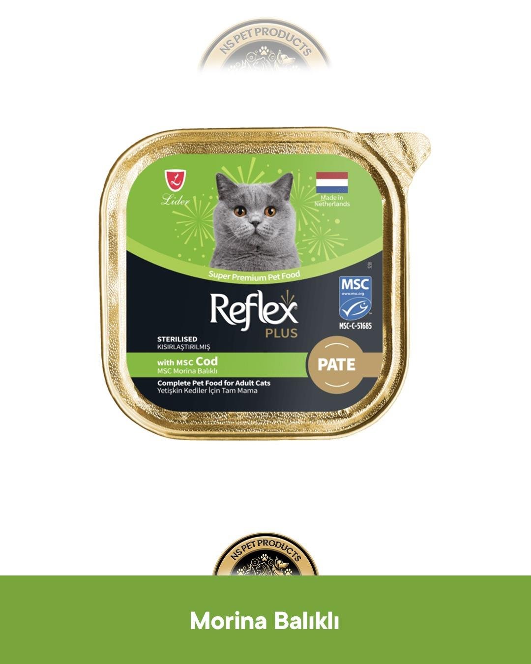 Reflex Plus Alutray Pate Kuzu Etli Yetişkin & Alutray Pate Msc Morina Balıklı Kısırlaştırılmış Yetişkin Kedi Maması Seti 6x85 gram