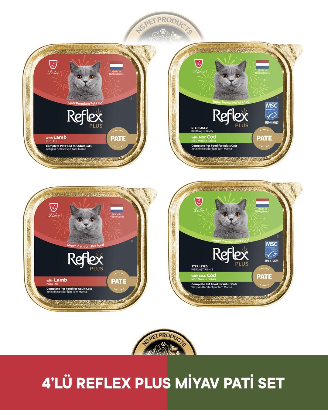Reflex Plus Alutray Pate Kuzu Etli Yetişkin & Alutray Pate Msc Morina Balıklı Kısırlaştırılmış Yetişkin Kedi Maması Seti 4x85 gram