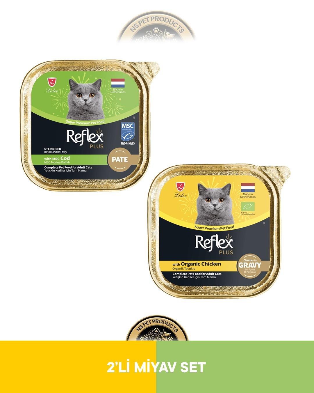 Reflex Plus Alutray Pate Msc Morina Balıklı Kısırlaştırılmış Yetişkin Kedi Maması & Reflex Plus Alutray Sos İçinde Organik Tavuklu Yetişkin Kedi Maması Seti 2x85 gram