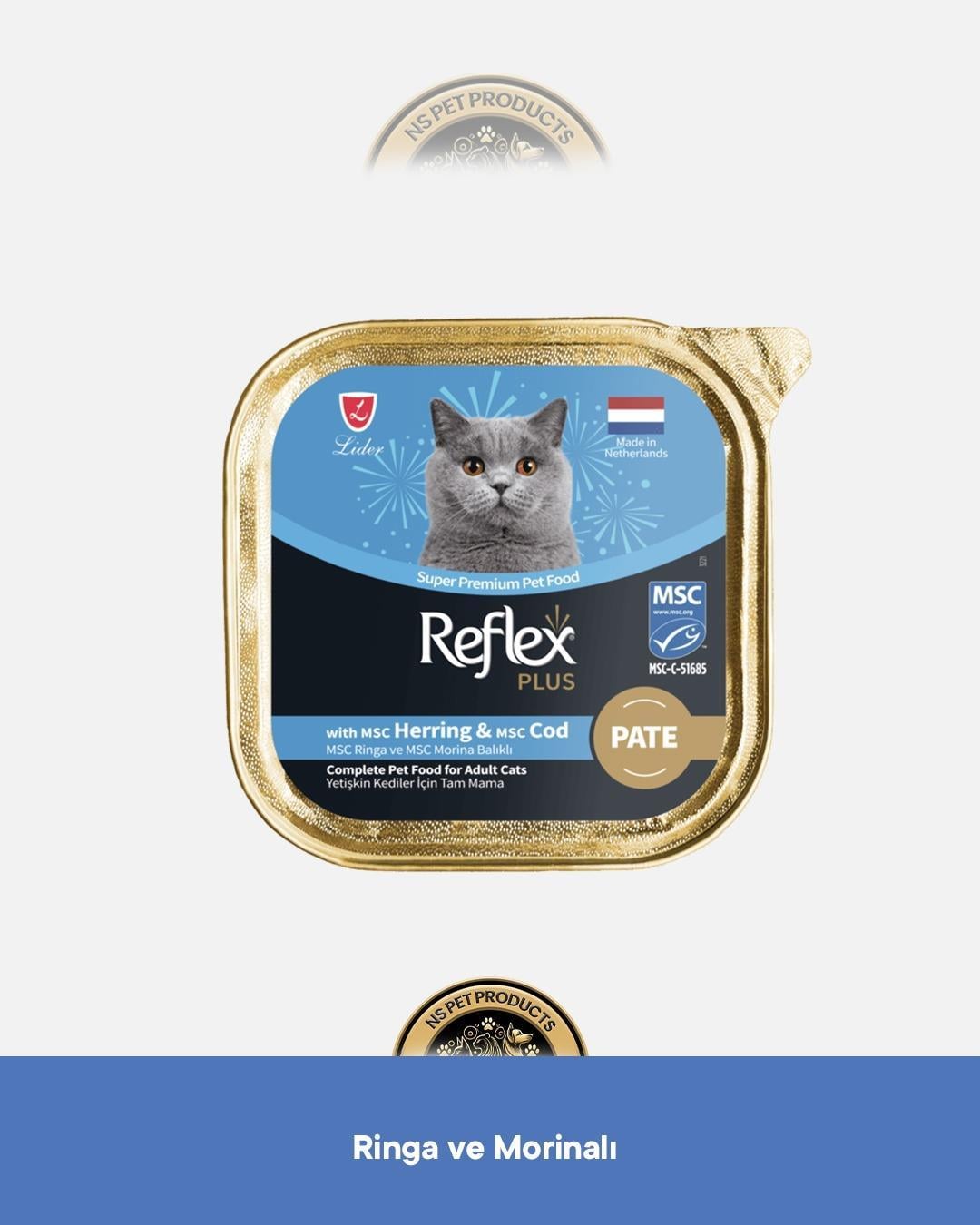 Reflex Plus Alutray Pate Msc Morina Balıklı Kısırlaştırılmış Yetişkin & Alutray Pate Msc Somon ve Msc Karides Yetişkin & Alutray Pate Msc Ringa ve Msc Morina Balıklı Yetişkin Kedi Maması Seti 3x85 gram