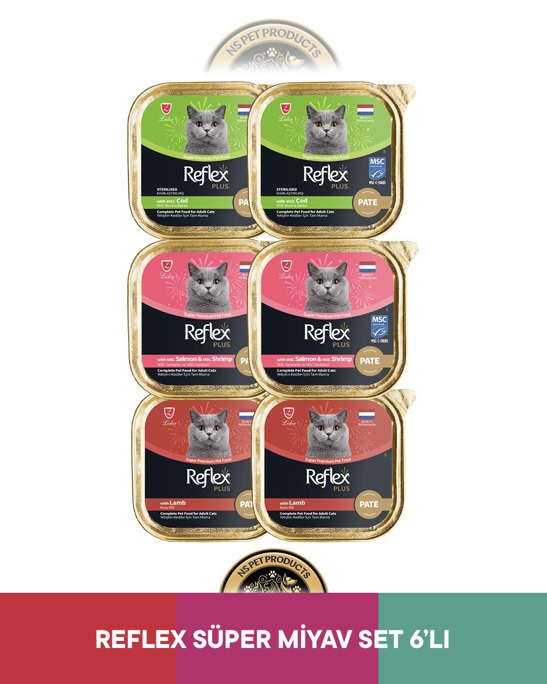 Reflex Plus Alutray Pate Msc Morina Balıklı Kısırlaştırılmış Yetişkin & Alutray Pate Msc Somon ve Msc Karides Yetişkin & Alutray Pate Kuzu Etli Yetişkin Kedi Maması Seti 6x85 gram
