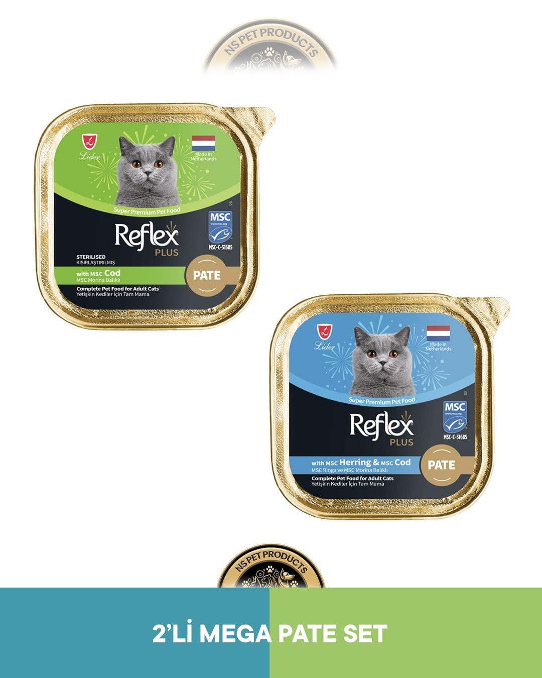 Reflex Plus Alutray Pate Msc Morina Balıklı Kısırlaştırılmış Yetişkin Kedi Maması & Reflex Plus Alutray Pate Msc Ringa ve Msc Morina Balıklı Yetişkin Kedi Maması Seti 2x85 gram