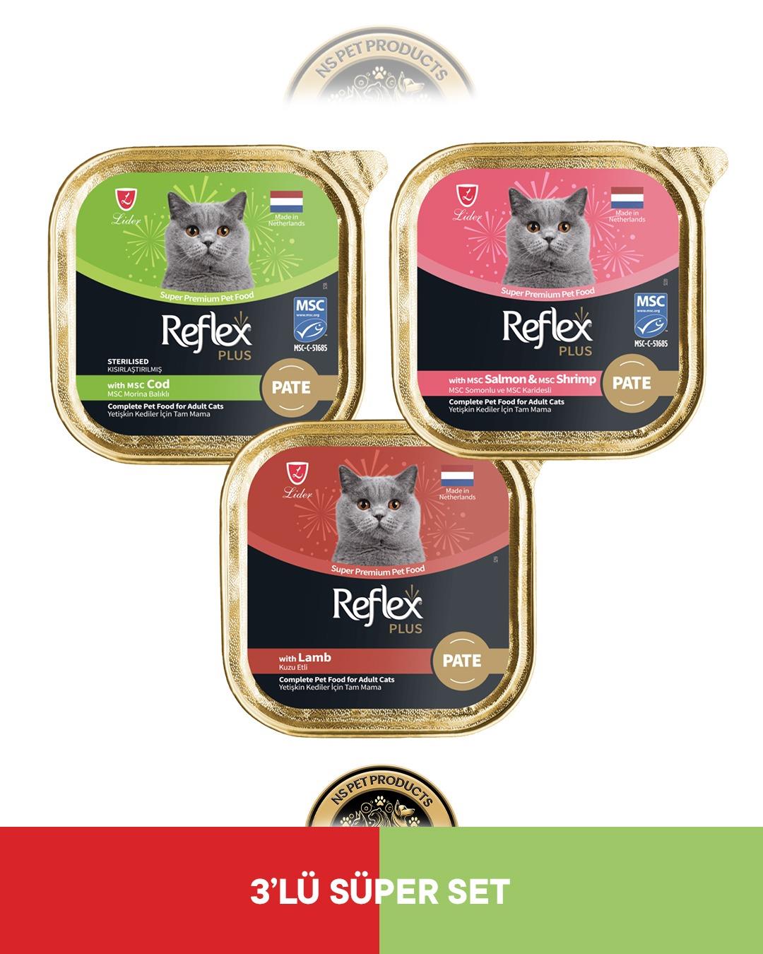Reflex Plus Alutray Pate Msc Morina Balıklı Kısırlaştırılmış Yetişkin & Alutray Pate Msc Somon ve Msc Karides Yetişkin & Alutray Pate Kuzu Etli Kedi Maması Seti 3x85 gram