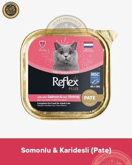 Reflex Plus Alutray Pate Msc Ringa ve Msc Morina Balıklı Yetişkin &  Alutray Pate Msc Somon ve Msc Karides Yetişkin & Alutray Pate Kuzu Etli Kedi Maması Seti 3x85 gram