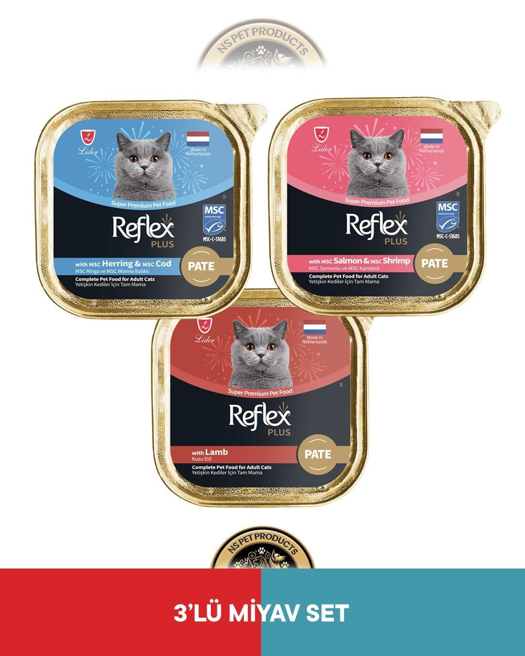 Reflex Plus Alutray Pate Msc Ringa ve Msc Morina Balıklı Yetişkin &  Alutray Pate Msc Somon ve Msc Karides Yetişkin & Alutray Pate Kuzu Etli Kedi Maması Seti 3x85 gram