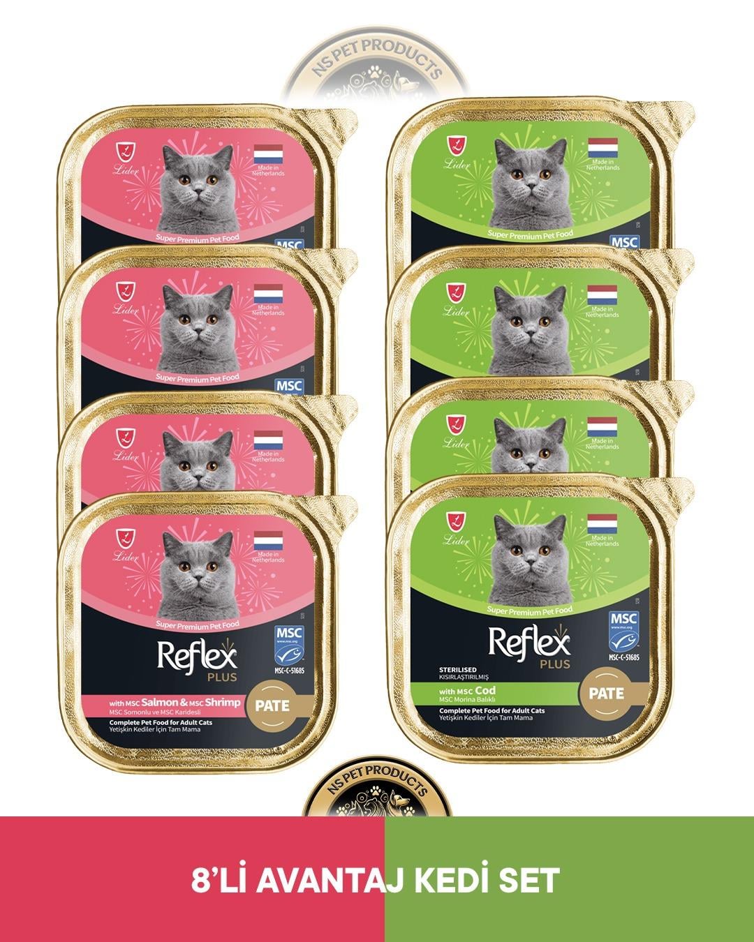 Reflex Plus Alutray Pate Msc Somon ve Msc Karides Yetişkin & Alutray Pate Msc Morina Balıklı Kısırlaştırılmış Yetişkin Kedi Maması Seti 8x85 gram