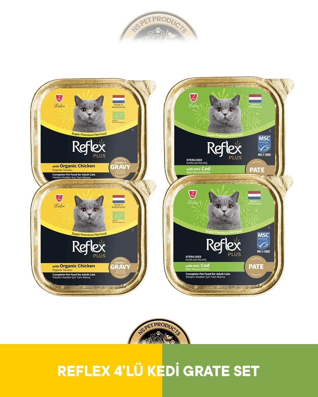 Reflex Plus Alutray Sos İçinde Organik Tavuklu Yetişkin & Alutray Pate Msc Morina Balıklı Kısırlaştırılmış Yetişkin Kedi Maması Seti 4x85 gram