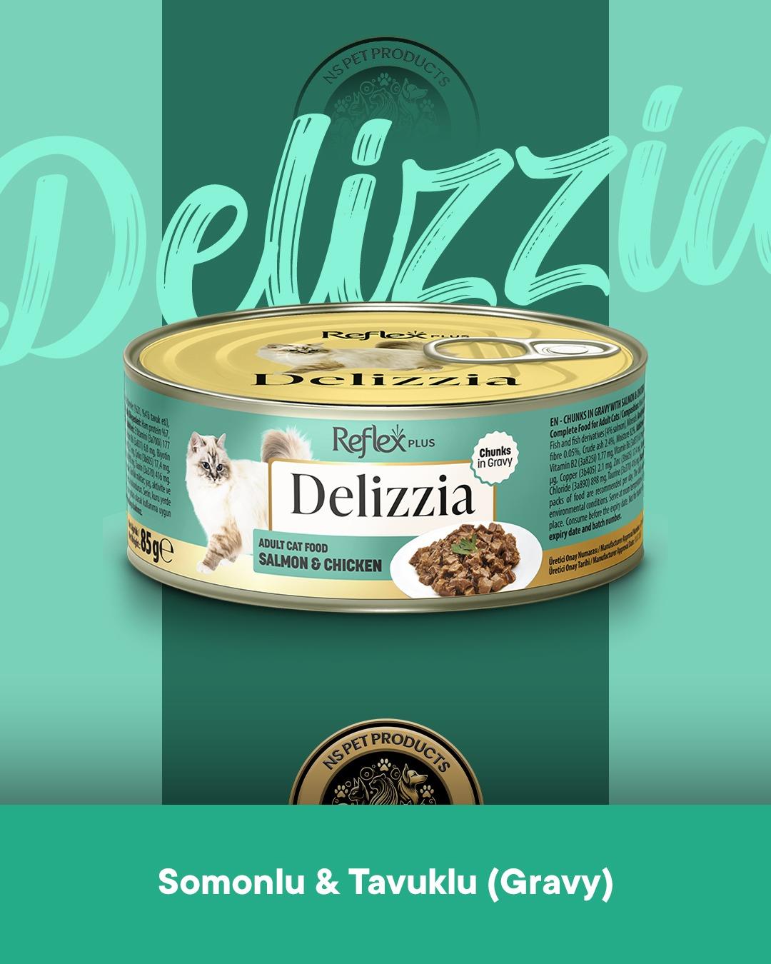 Reflex Plus Delizzia Hindi Etli Pate & Somonlu-Tavuklu Gravy Yetişkin Kedi Maması Seti 2x85 gram