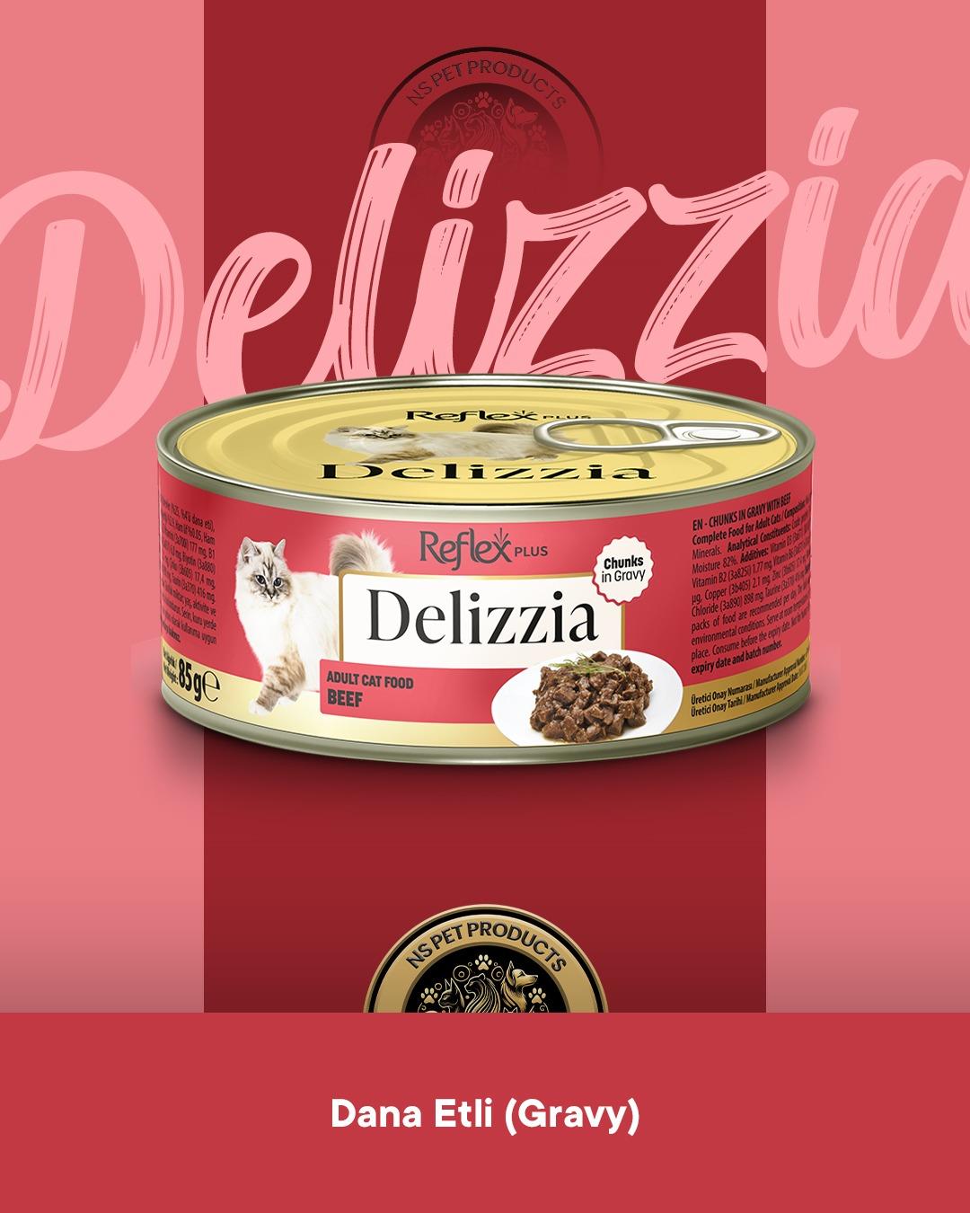 Reflex Plus Delizzia Hindi Etli Pate & Somonlu-Tavuklu Gravy & Tavuklu-Ciğerli Gravy & Ton Balıklı Pate & Dana Etli Gravy & Tavuklu Pate Yetişkin Kedi Maması Seti 6x85 gram
