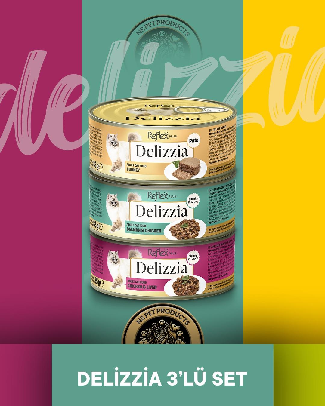 Reflex Plus Delizzia Hindi Etli Pate & Somonlu-Tavuklu Gravy & Tavuklu-Ciğerli Gravy Yetişkin Kedi Maması Seti 3x85 gram