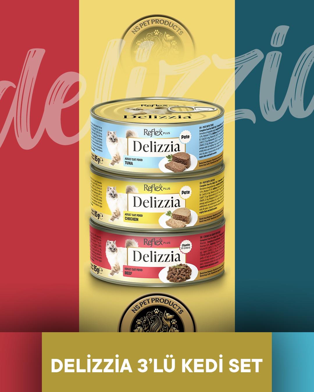 Reflex Plus Delizzia Ton Balıklı Pate & Tavuklu Pate & Dana Etli Gravy Yetişkin Kedi Maması Seti 3x85 gram