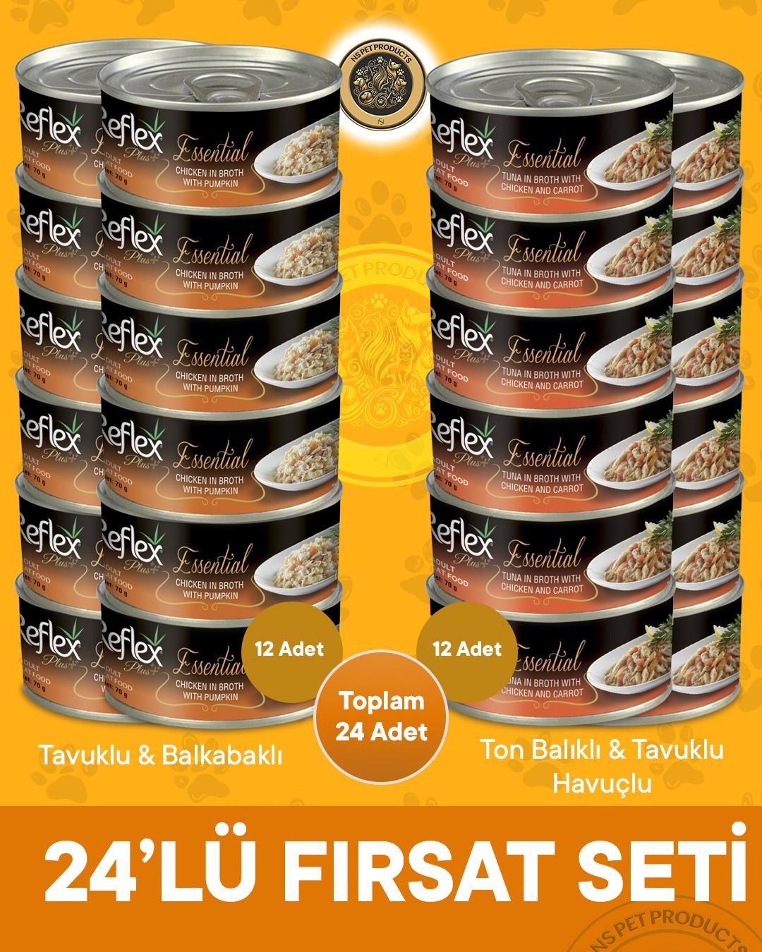 Reflex Plus Essential Fırsat Seti Tavuklu Balkabaklı ve Ton Balıklı Tavuklu Havuclu Kedi Konservesi – 24x70gr