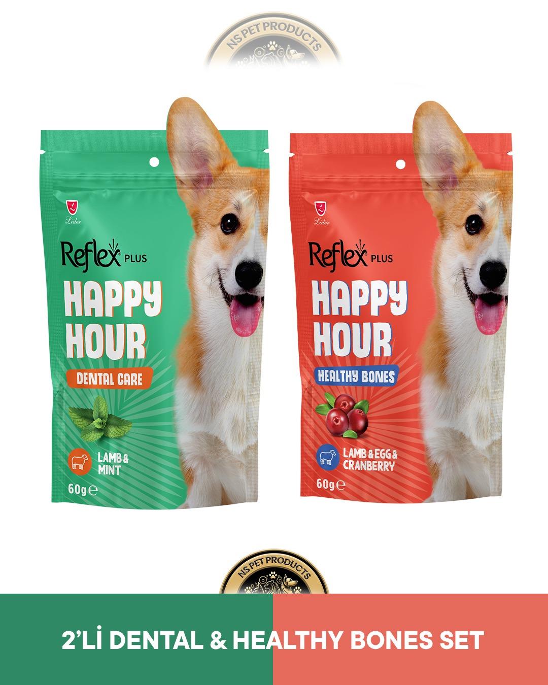 Reflex Plus Happy Hour Dental Care Ağız ve Diş Sağlığı & Healty Bones Sağlıklı Kemikler Köpek Ödül Maması Seti 2x60 gram