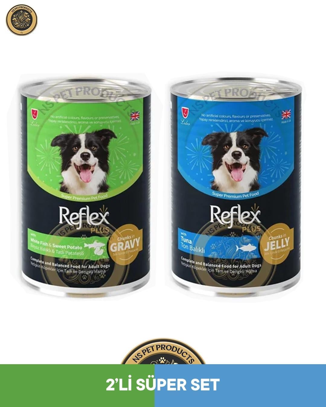 Reflex Plus Jelly Jöle İçinde Et Parçacıklı Ton Balıklı & Beyaz Balıklı ve Tatlı Patatesli Yetişkin Köpek Konserve Maması Seti 2x400 gr