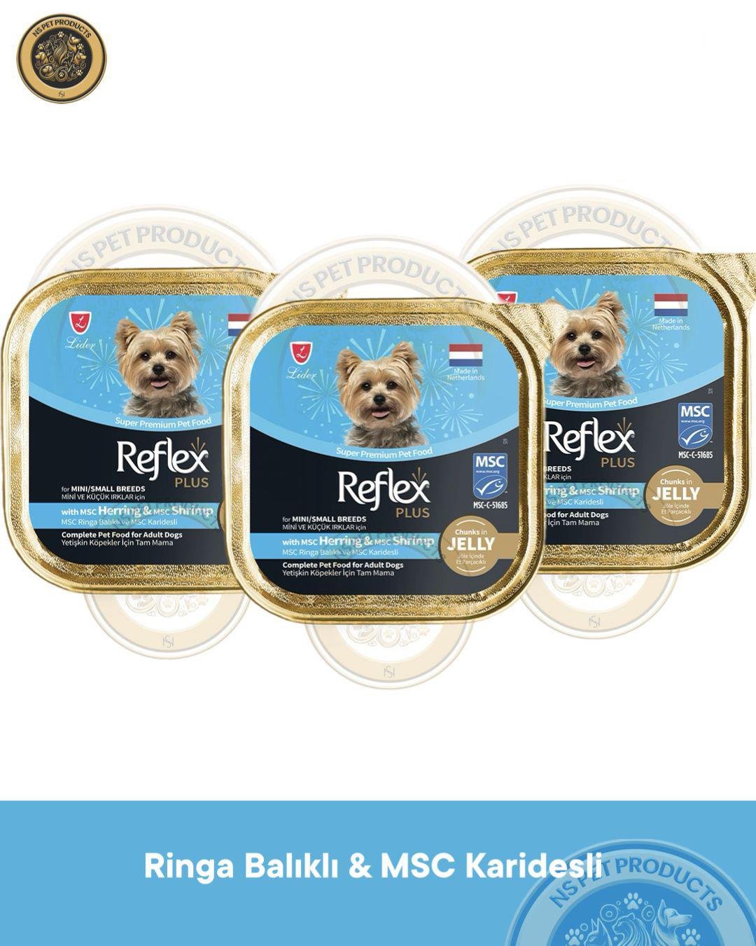 Reflex Plus Jöle İçinde Et Parçacıklı MSC Ringa Balıklı ve MSC Karidesli Mini ve Küçük Irklar için Yetişkin Köpek Maması 3X85 g