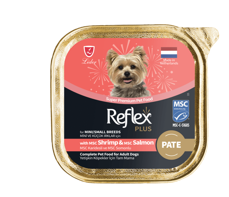 Reflex Plus Pate MSC Karidesli ve MSC Somonlu Mini ve Küçük Irklar için Yetişkin Köpek Maması 3X85 g