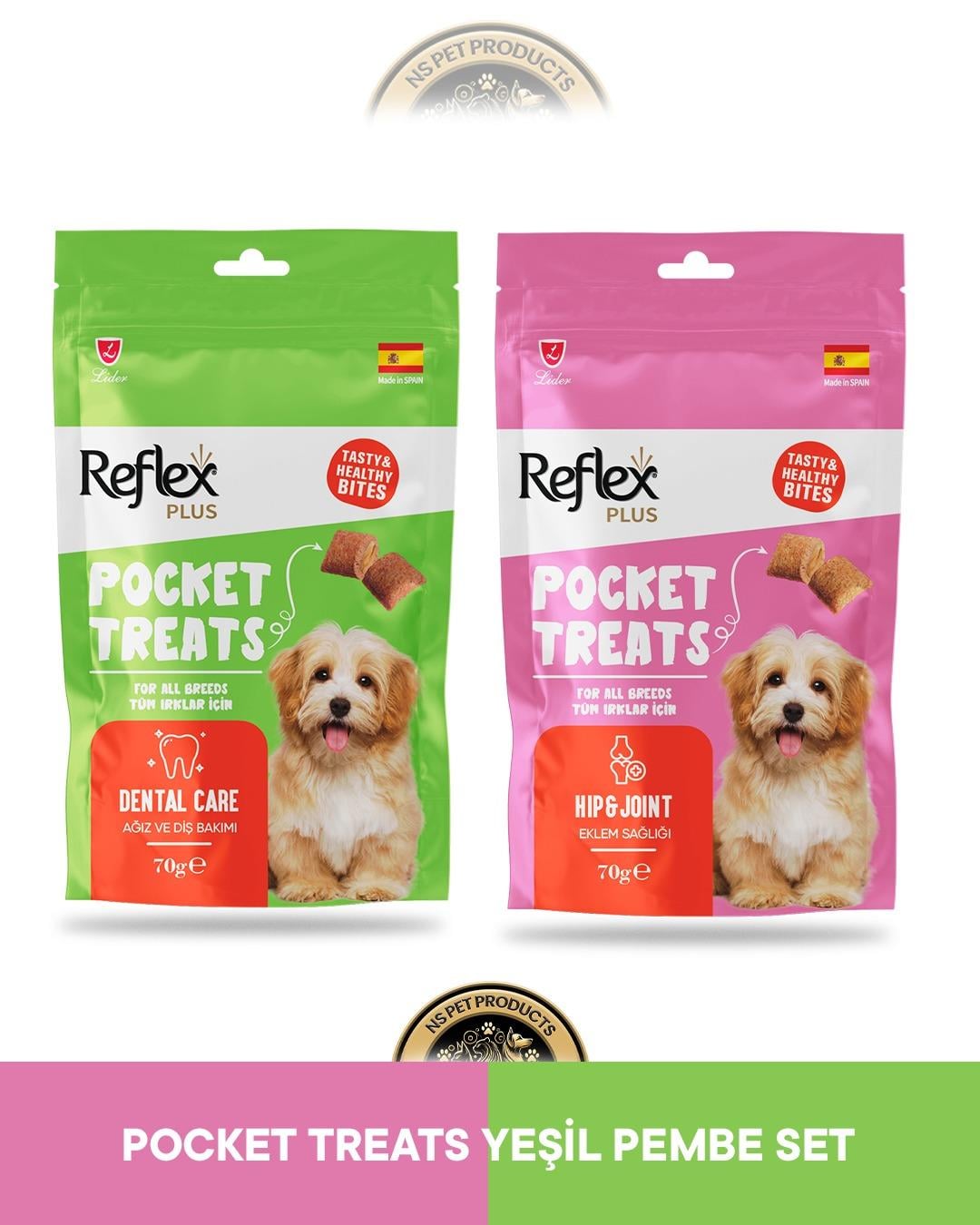 Reflex Plus Pocket Treats Dental Care Ağız ve Diş Bakımı & Hip Joint Eklem Sağlığı Köpek Ödül Maması Seti 2x70 gram