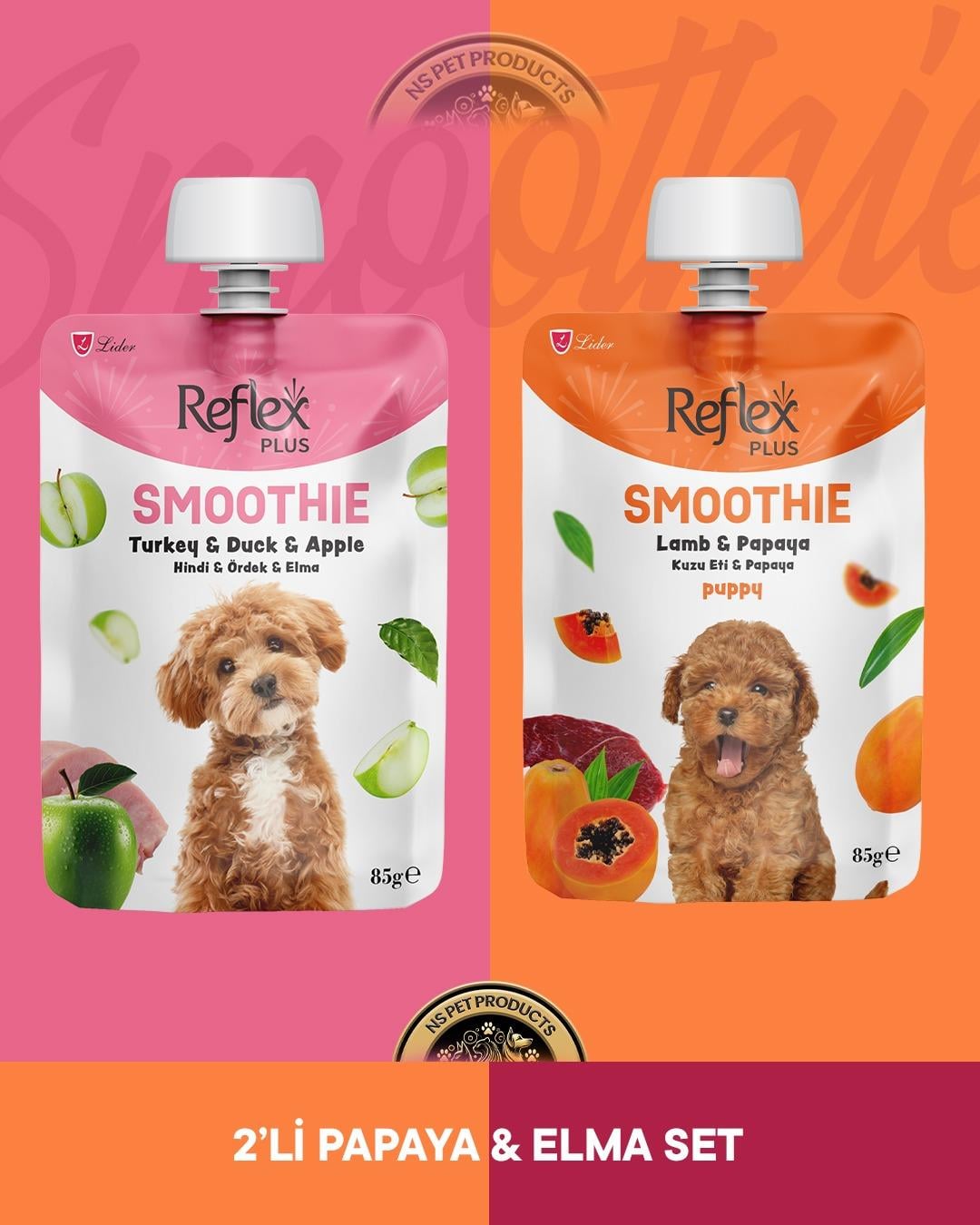 Reflex Plus Smoothie Hindi - Ördek - Elma & Kuzu Etli - Papaya Köpek Ödül Maması Seti 2x85 gr