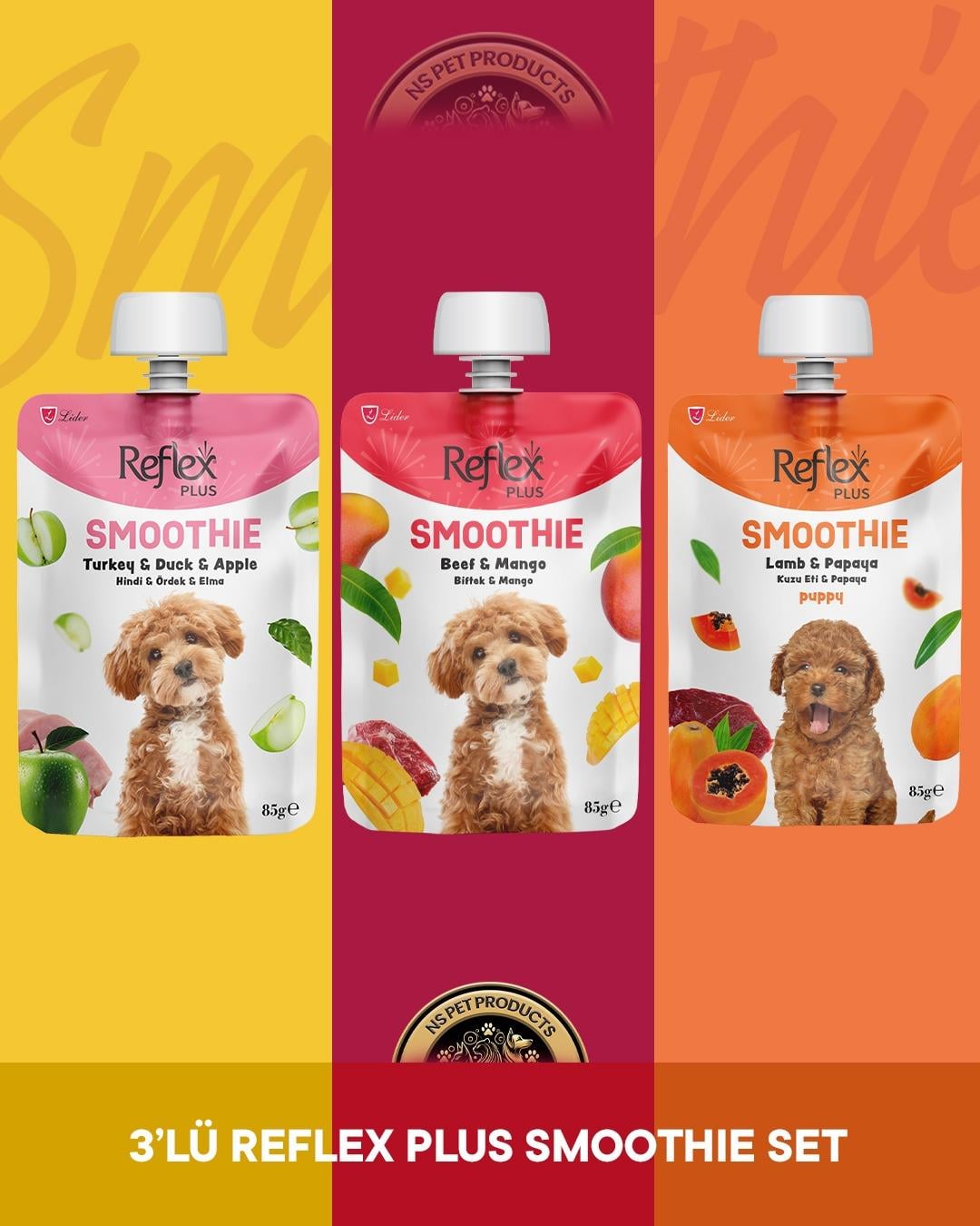 Reflex Plus Smoothie Hindi - Ördek - Elma & Biftek - Mango & Kuzu Etli - Papaya Köpek Ödül Maması Seti 3x85 gr