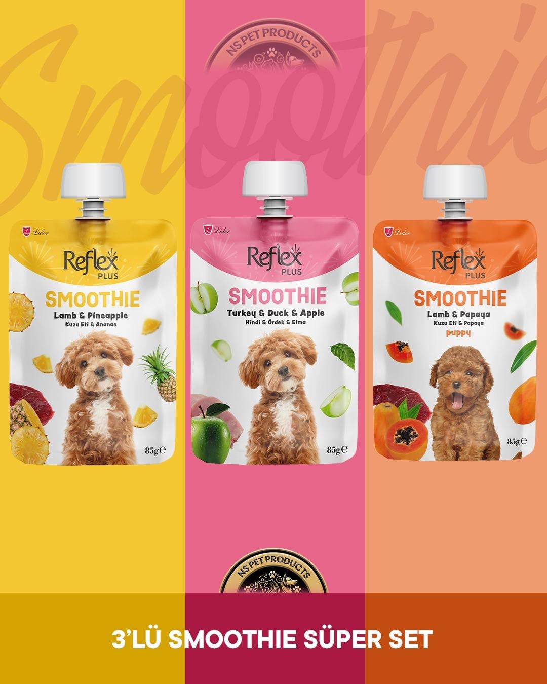 Reflex Plus Smoothie Kuzu Eti - Ananas & Hindi - Ördek - Elma & Kuzu Etli - Papaya Köpek Ödül Maması Seti 3x85 gr
