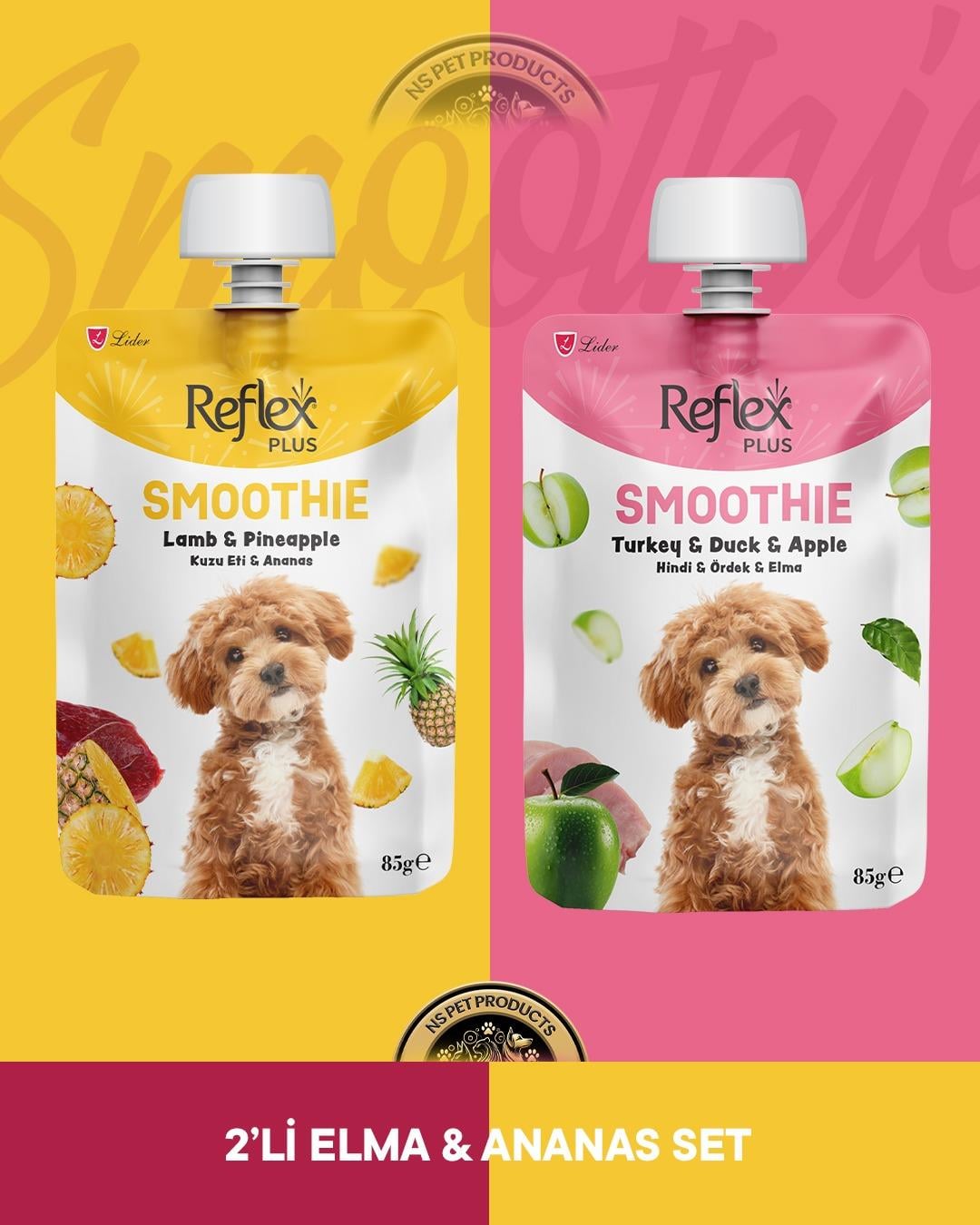 Reflex Plus Smoothie Kuzu Eti - Ananas & Hindi - Ördek - Elma Köpek Ödül Maması Seti 2x85 gr