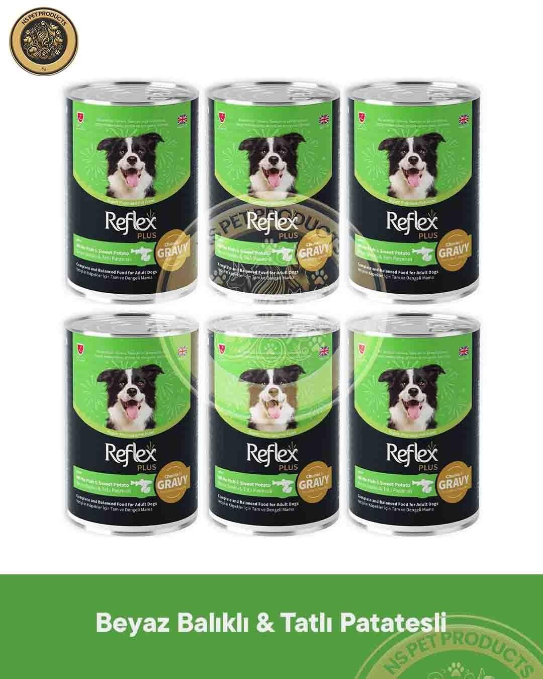 Reflex Plus Sos İçinde Et Parçacıklı Beyaz Balıklı ve Tatlı Patatesli Yetişkin Köpek Maması 6x400gr