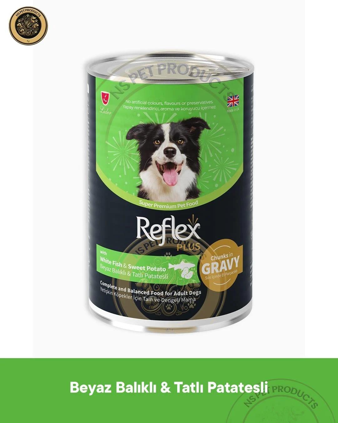 Reflex Plus Sos İçinde Et Parçacıklı Beyaz Balıklı ve Tatlı Patatesli Yetişkin Köpek Maması 6x400gr
