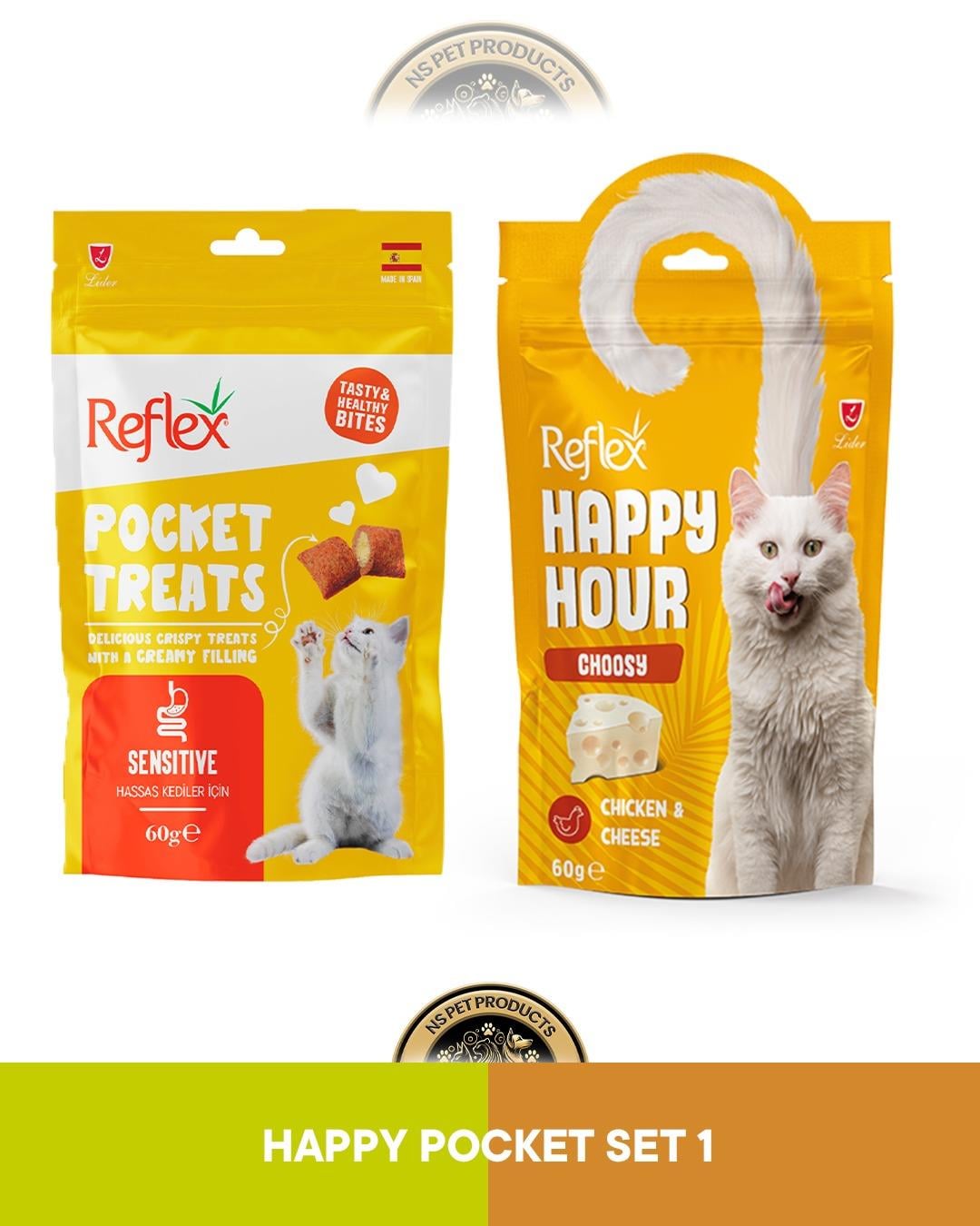 Reflex Pocket Treats Sensitive Hassas Kediler & Reflex Happy Hour Choosy Seçici Kedi Ödül Maması Seti 2x60 gram