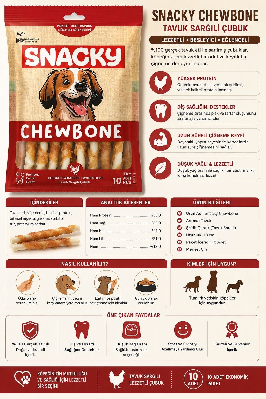 Snacky Tavuk Sargılı Çubuk Köpek Ödül Maması 10'lu 13 cm 100 gr x 3 adet
