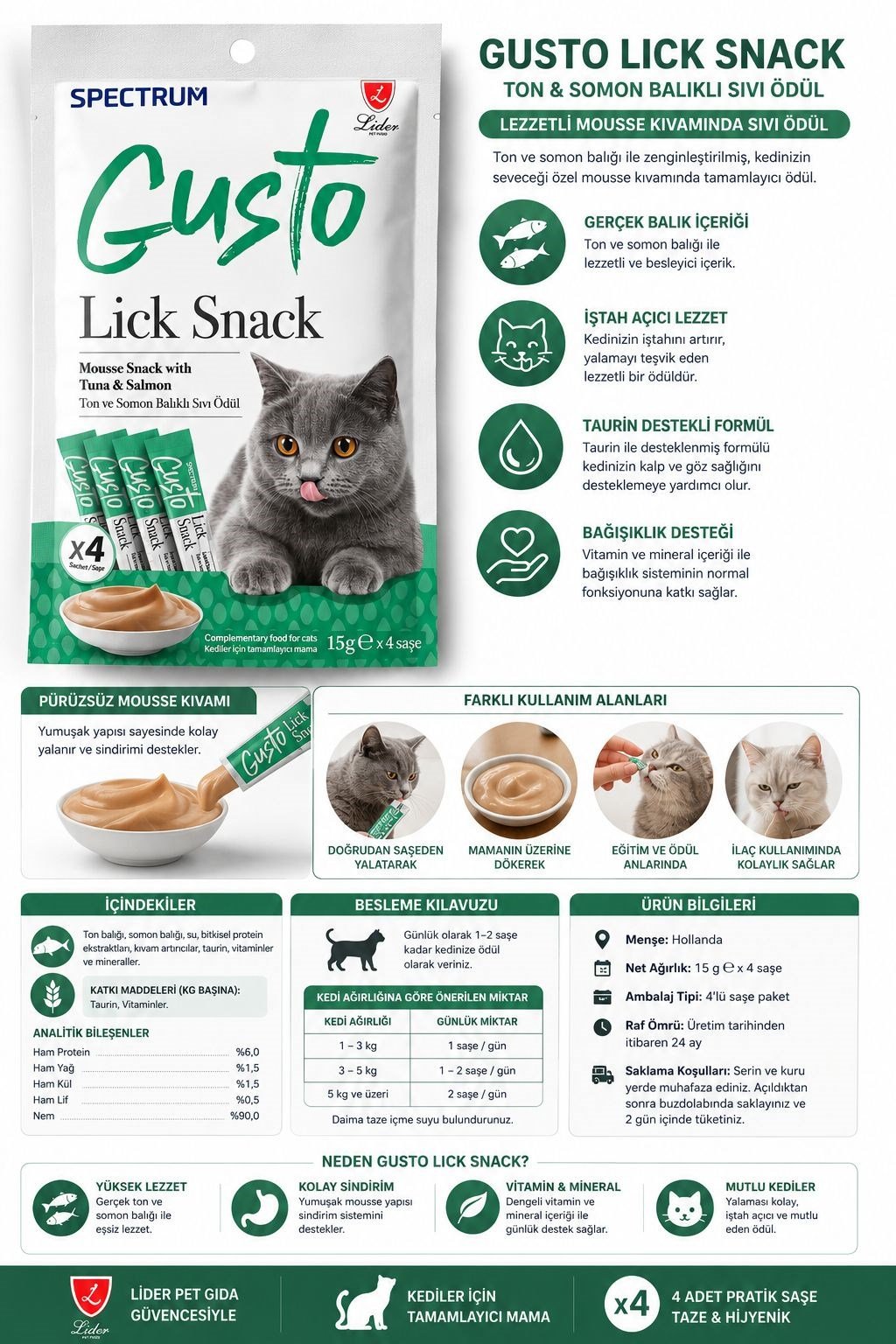 Spectrum Gusto Lick Snack Ton Balık & Somon Sıvı Kedi Ödül Maması 1 Adet-4x15 gr