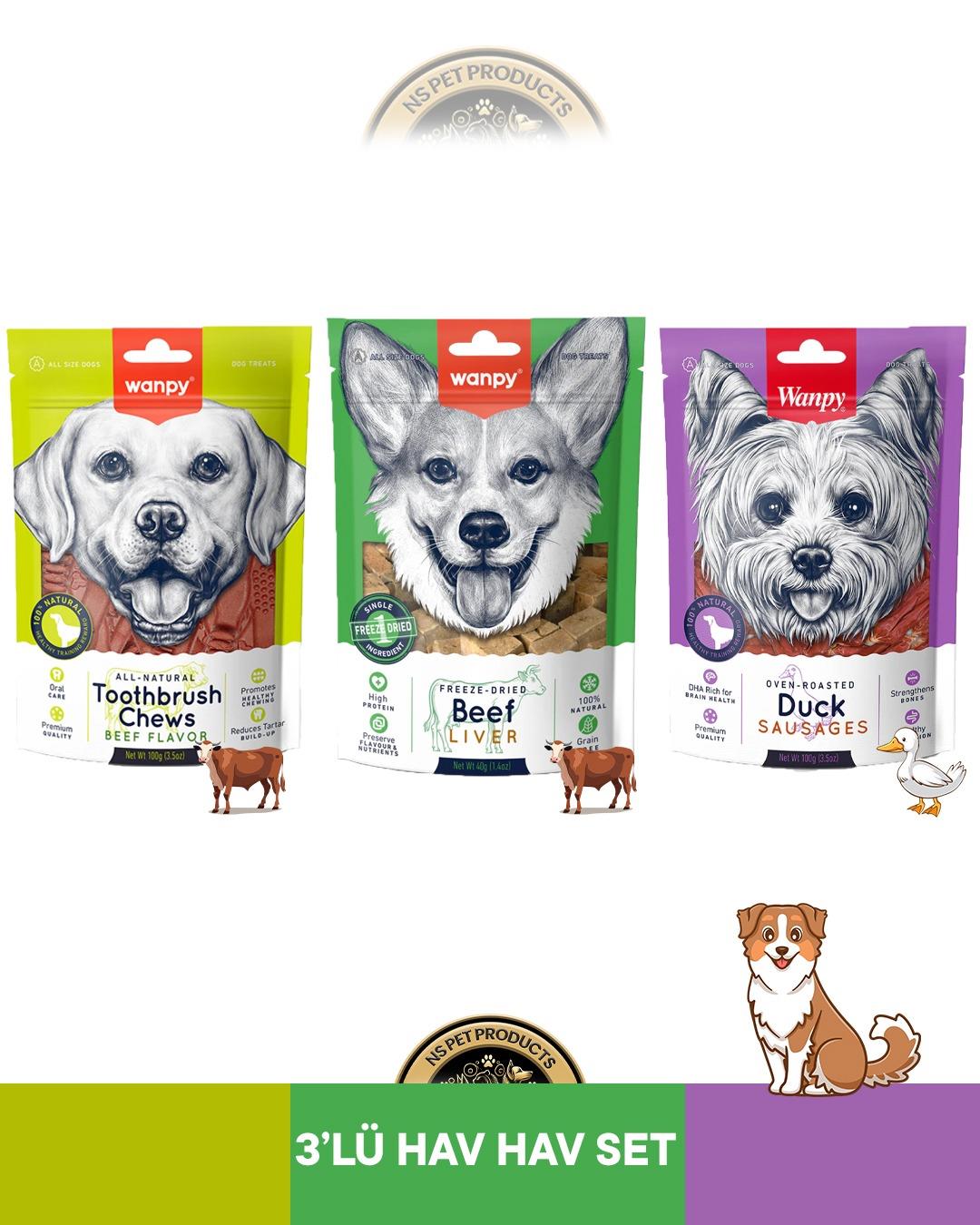Wanpy Dental Toothbrush Ağız ve Diş Sağlığı - Ördek Etli Sosis 100 gram & Kurutulmuş Gerçek Dana Ciğeri 40 gram Köpek Ödül Maması Seti