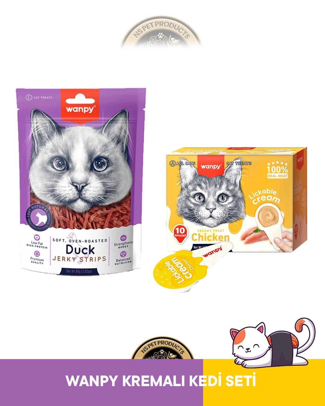 Wanpy Gerçek Ördek Fileto Jerky Strips Yumuşak 80 gr & Lickable Cream Tavuklu 10x16 gr Kedi Ödül Maması Seti