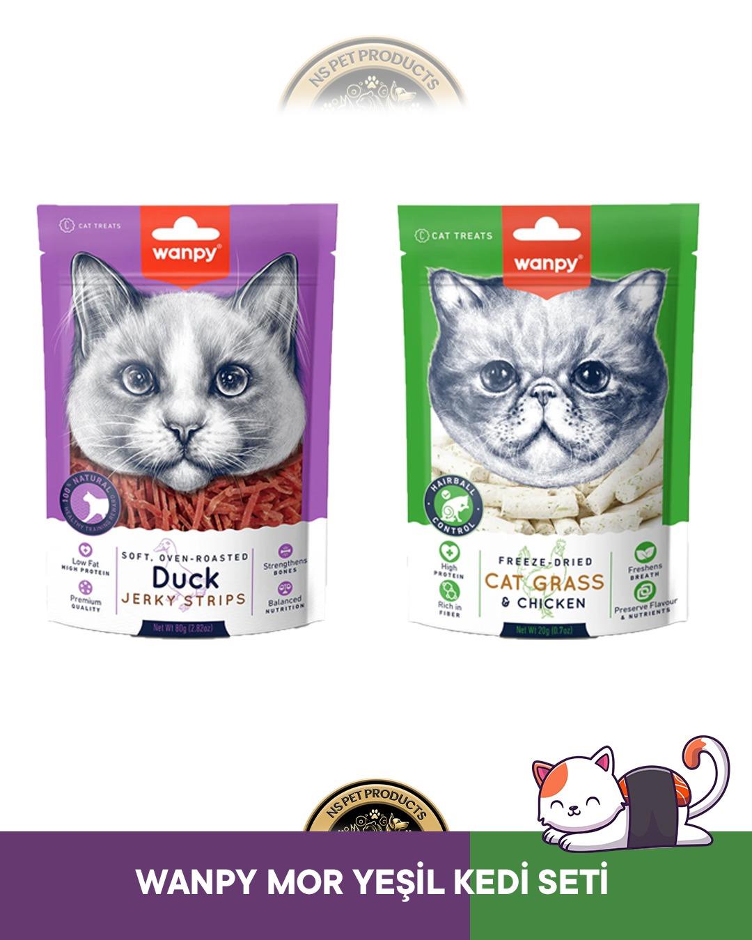 Wanpy Gerçek Ördek Fileto Jerky Strips Yumuşak 80 gr & Kedi Çimi ve Tavuklu 20 gr Kedi Ödül Maması Seti