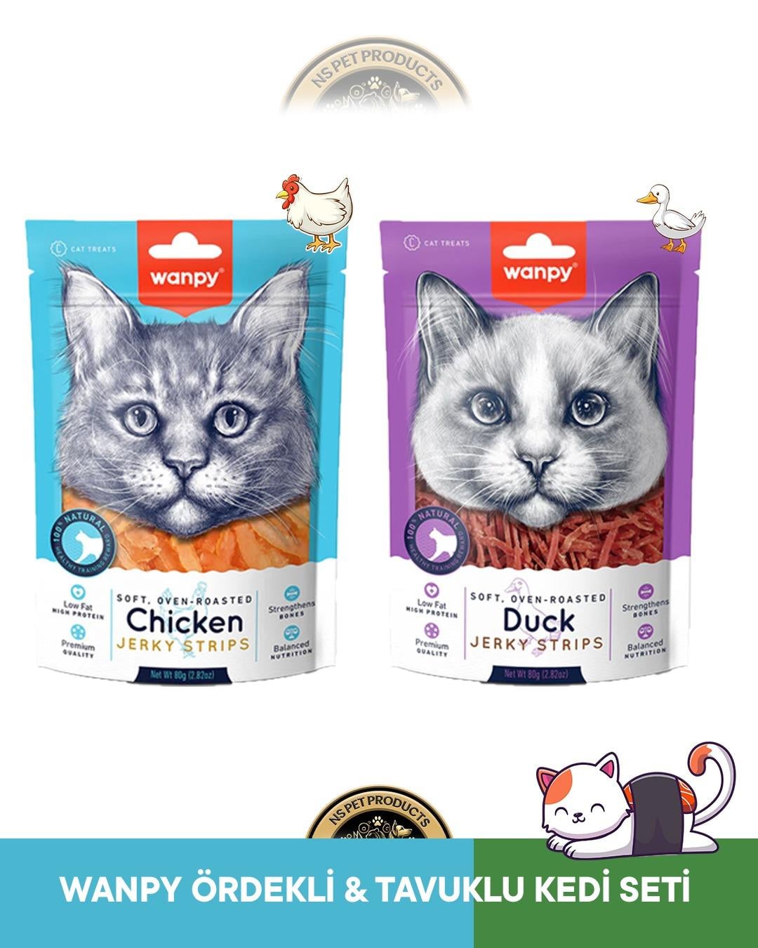 Wanpy Gerçek Tavuk Fileto Jerky Strips  - Ördek Fileto Jerky Strips Yumuşak Kedi Ödül Maması Seti 2x80 gr
