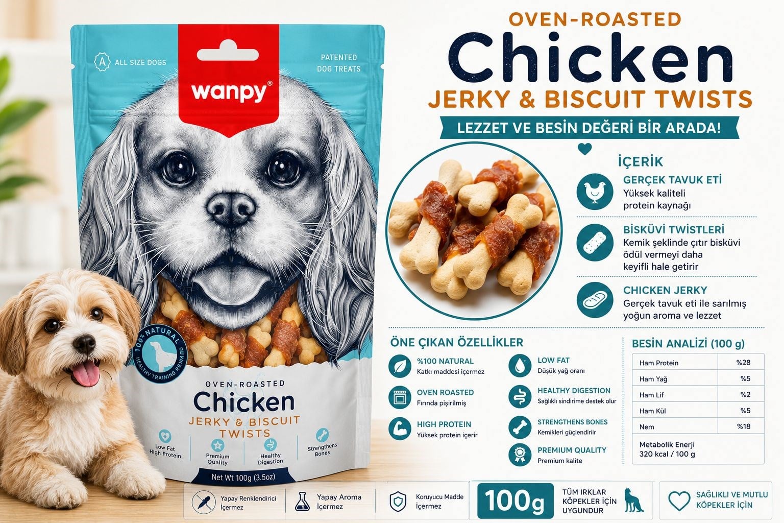 Wanpy Jerky Biscuit Twists Bisküvi Üzeri Tavuk Sarılı Köpek Ödül Maması 100 gr
